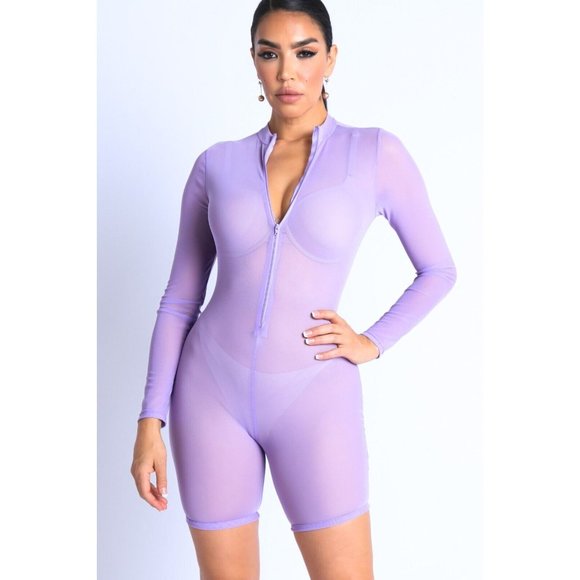 Women Sexy See Through Sheer Mesh Zip Up Bodysuit Jumpsuit Club Party Romper - Picture 3 of 12